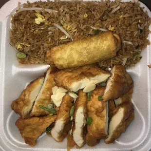 Almond Boneless Chicken with Egg Roll and Fried Rice