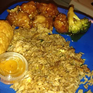 Sesame chicken. Dry pork fried rice and bean sprout egg roll