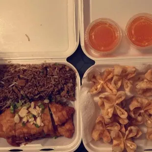 Almond boneless chicken and crab rangoons