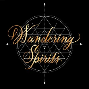 a golden logo on a black background