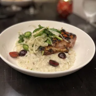 Pork chop with bone marrow risotto