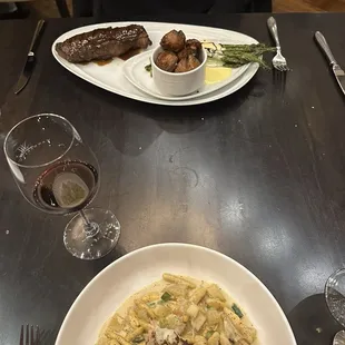 Lobster Cavatelli and KC Strip with smashed potatoes and asparagus