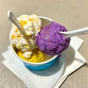 Sticky Rice &amp; Mango, Ube malted crunch, &amp; Passion fruit cacao (bottom)