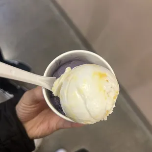 Mango sticky rice (top scoop)  Ube malted crunch (bottom scoop)