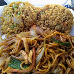 Chicken lo mein and fried rice