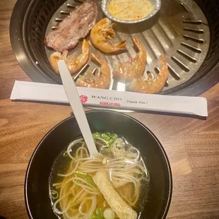 Wang Cho Steak / cheese corn / garlic butter shrimp / noodle soup