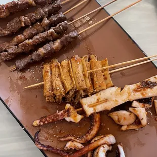 Beef; tofu skin &amp;enoki mushrooms; squid