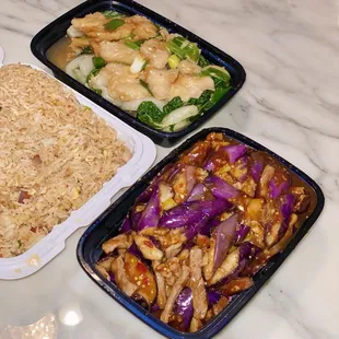 takeout: Young Chow Fried Rice, Sauteed Filet of Sole with Chinese Bok Choy, Szechuan Spicy Eggplants (09/2024)