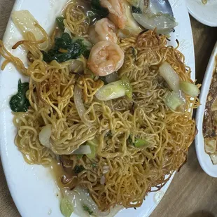 Shrimp Chow Mein crispy fried Noodles with bok Choy