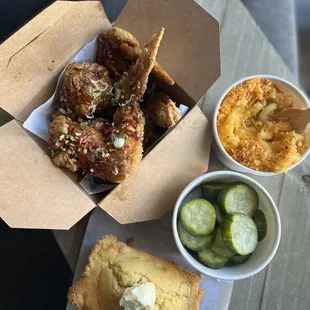 Wangs, Mac and Cheese, Pickles, Corn Bread