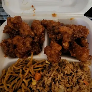 General Tsos and Honey Sesame Chicken with Noodles and Rice