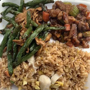Chicken fried rice, kung pao chicken, chicken with green beans.