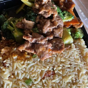 Beef and broccoli with fried rice