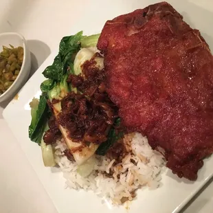Pork chop on rice with side of pickled vegetable. (Off the menu - they have pork chop noodle soup on the menu, just ask for it on rice)