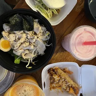 Clockwise starting at top: pork bao bun, strawberry Boba Slush, Shrimp tempura, Creamy Ramen broth (med spicy), ramen bowl no fish cake