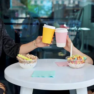 two women sitting at a table