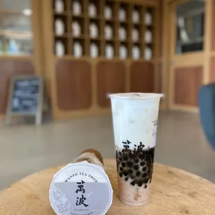 plum green tea and taro purple rice boba coconut milk...