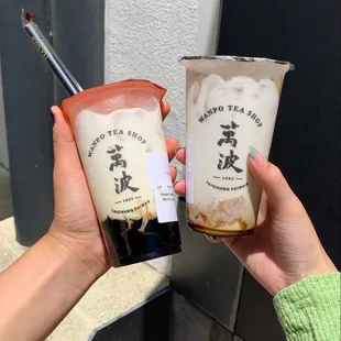 brown sugar boba milk (left), red bean jelly milk (right)