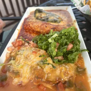 Combination (chicken enchiladas, pork tamale, chile rellenos)