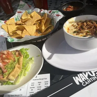 Guacamole and queso fundito appetizers