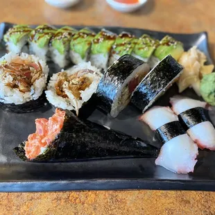 Shamoo Roll, Caterpillar Roll, Spicy Tuna Temaki, Tako nigiri