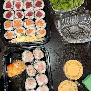 Maki Combo: California Roll, Tuna Roll, Salmon &amp; Yellowtail Roll, Spicy Scallop Roll with spicy mayo &amp; Edamame of course