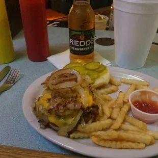 Double cheeseburger and Redds Strawberry Ale.