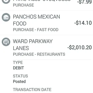 Screenshot of the posted transaction from Ward Parkway Lanes.