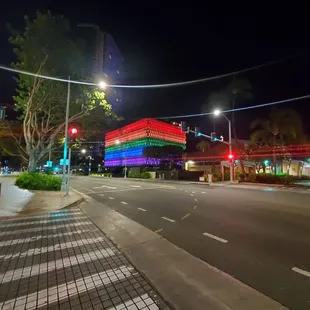 View of the IBM building from across the street. Rainbow lights for Pride Month (6/28/2023).