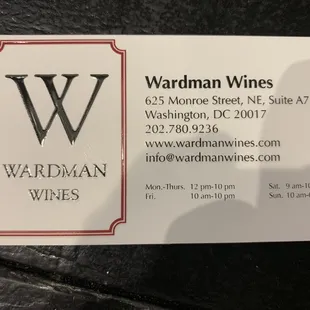 business card for wardman wines