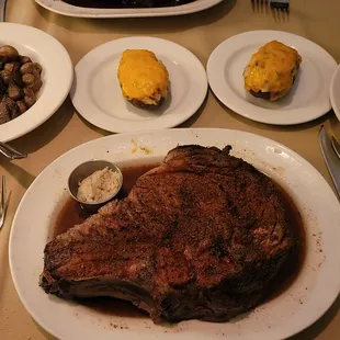 The Great Dane 40oz prime rib, Sautéed Forest Mushrooms, and Twice baked bacon potatoe. Truffle Creamed Corn
