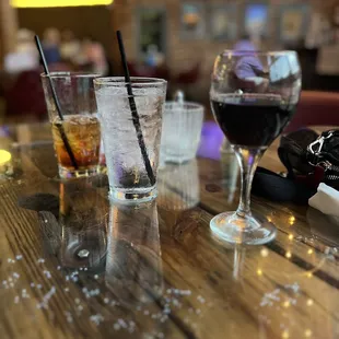 a row of glasses on a table