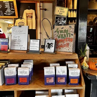 a display of coffee bags