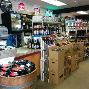 a variety of wine bottles in a store