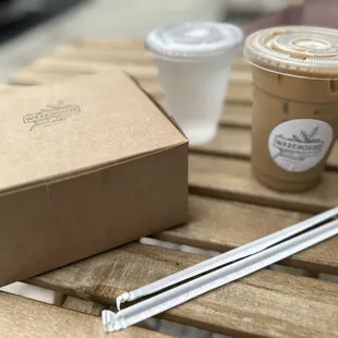 Croissant, iced latte and water