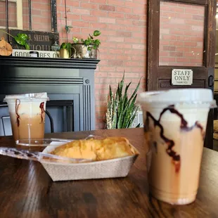 Spinach Feta Croissant with Chocolate Peanut butter Iced Latte and Smores Iced Latte