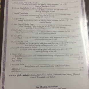 Salad menu