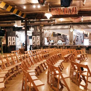 rows of wooden folding chairs