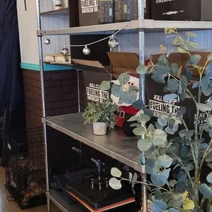 a shelf of kitchen items