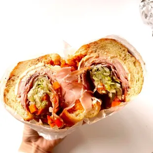 a hand holding a sandwich
