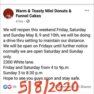 New hours during COVID 19.