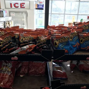 a display of chips and snacks
