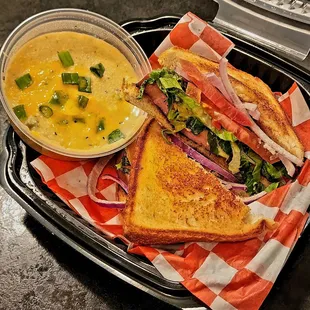 Smoked bologna sandwich, side jalapeno cheddar grits