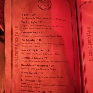 Signature cocktail menu