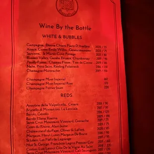 Wine by the bottle menu
