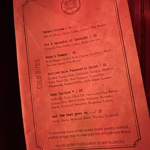 Cold bites menu