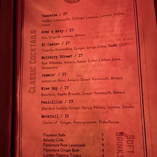 Classic cocktail menu