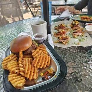 Southwest Ahi Wontons; Beef Brisket sandwich and Waffle fries.