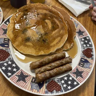 Blueberry pancakes and sausage