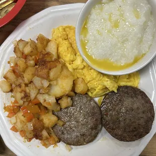 Sausage, Egg, &amp; Cheese, home fries, added onions and red peppers. Side order of grits.